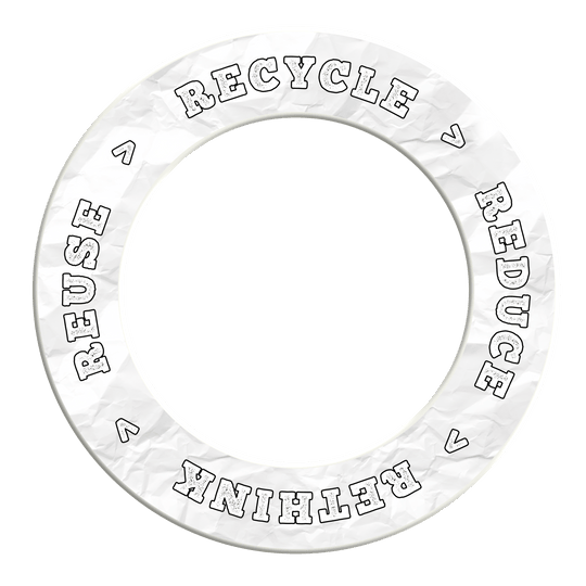 McDart Recyklace Snížení Přehodnocení Znovupoužití Obložení terče Das Bild stellt ein weißes Produkt mit nachhaltigem Motto dar. Der Dateiname DBS-RRRR6_Surround_Recyle_Reuse_Reduce_Rethink_Wei_2 dient als Grundlage der Beschreibung.