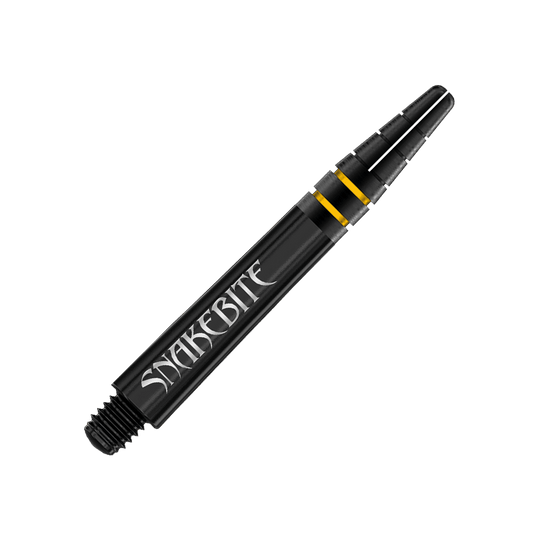 C722_Red_Dragon_Nitrotech_Peter_Wright_Black_Gold_Shafts_36mm_2 Das Bild zeigt einen schwarzen Dart-Schaft mit der Aufschrift „SNAKEBITE“. Der Schaft hat zwei goldene Ringe als Akzent.