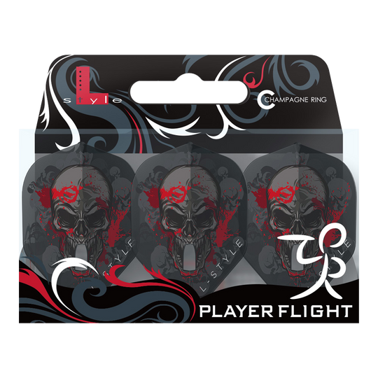 Das Bild zeigt die "L-Style Ryan Searle V2 Clear Black Signature Champagne L1PRO Flights" in einer Verpackung. Die Flights haben ein auffälliges Totenkopf-Design mit roten und schwarzen Akzenten.