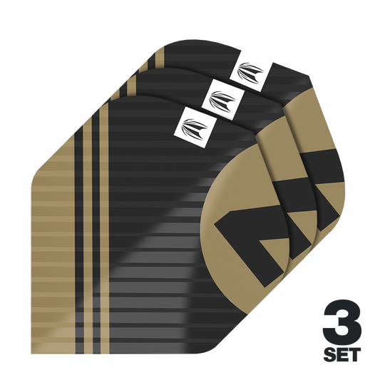 Target Pro Ultra Chicane Black No2 Standardní lety - 3 sady Das Bild zeigt drei Sätze von Target Pro Ultra Chicane Black No2 Standard Flights. Die Flights sind schwarz-gold gestreift und besitzen ein modernes Design mit einem weißen Logo.