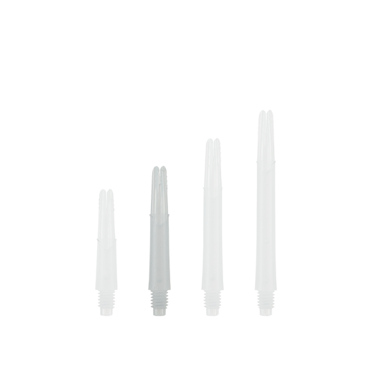Abgebildet ist ein L-Style L-Shaft Locked Straight Dart-Schaft in Milchweiß ohne Kappen, 32 mm lang. Es handelt sich um Dartzubehör.