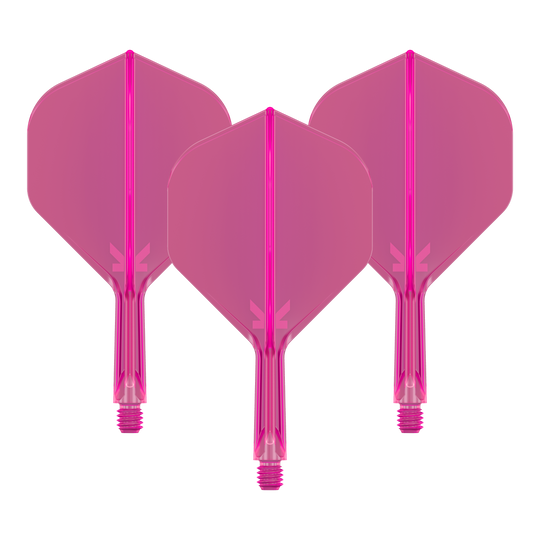 Standardní letový systém Target K-Flex No2 - neonově růžový Das Bild zeigt drei pinkfarbene Dart-Flights mit Schäften. Sie sind nebeneinander angeordnet und haben eine neonpinke Farbe.