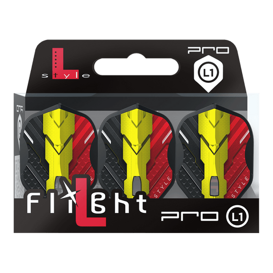 Letky L-Style V Series V1 Type C Belgium Black L1PRO Das Bild zeigt eine Packung mit drei Dart-Flights der Marke L-Style, Modell V-Series V1 Type C Belgium Black L1PRO. Die Flights haben ein Design in den Farben Schwarz, Rot und Gelb, inspiriert von der belgischen Flagge.