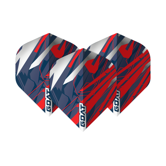 Standardní lety GOAT Homerun No2 Das Bild zeigt drei Dart-Flights des Produkts "GOAT Homerun No2 Standard Flights". Die Flights sind in den Farben Rot, Blau und Weiß gestaltet und mit dem Schriftzug "GOAT" versehen.