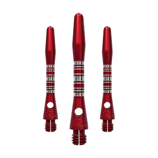Hliníkové shafty Bulls NL Supra - červené - 34 mm Dieses Bild zeigt die Bulls NL Supra Aluminium Shafts in Rot, 34 mm lang, als Set. Die Schäfte sind robust und ideal für Dartspieler.