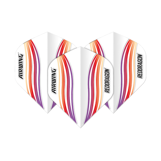 Das Bild zeigt drei Dart-Flights mit dem Namen "Red Dragon Airwing Red Wave Standard Flights". Sie sind weiß mit roten, orangen und violetten Wellenlinien und der Aufschrift "AIRWING" und "REDDRAGON".
