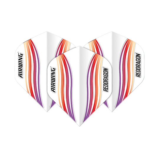 Standardní lety Red Dragon Airwing Red Wave Das Bild zeigt drei Dart-Flights mit dem Namen "Red Dragon Airwing Red Wave Standard Flights". Sie sind weiß mit roten, orangen und violetten Wellenlinien und der Aufschrift "AIRWING" und "REDDRAGON".