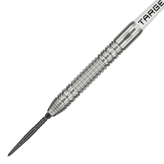 Ocelové šipky Target Shane McGuirk GEN1 Swiss Point - 23g Das Bild zeigt einen Target Shane McGuirk GEN1 Swiss Point Steeldart mit einem Gewicht von 23 Gramm. Der Dartpfeil besteht aus silbernem Metall und hat eine strukturierte Griffzone für besseren Halt.