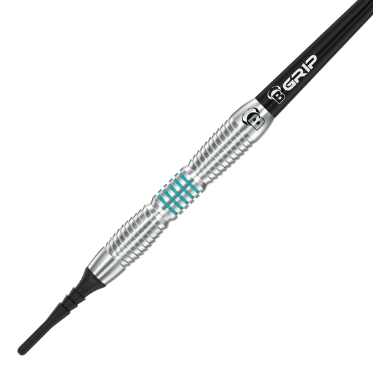 Das Bild zeigt den Bulls V1 Softdart mit silbernem, geriffelten Barrel und türkisen Ringen. Am oberen Ende ist „B GRIP“ auf einem schwarzen Schaft zu sehen.