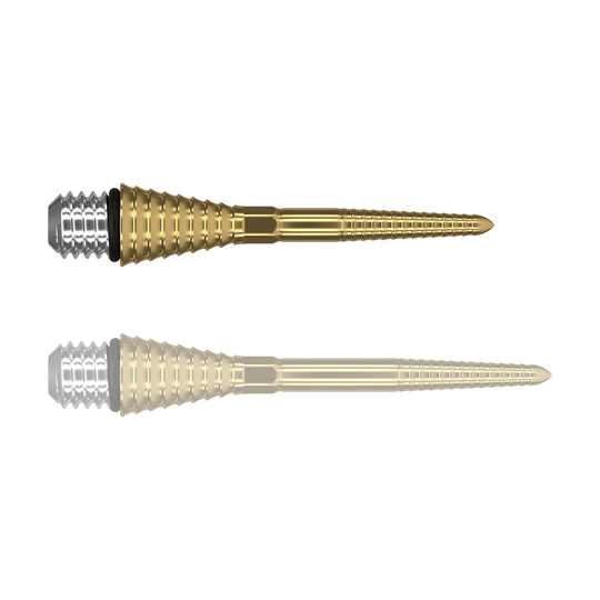 380178_Target_Titanium_Swiss_Point_Grooved_Conversion_Points_Gold_26mm_169Gb6ns7keD3m Das Bild zeigt zwei goldfarbene, gerillte Spitzen mit silbernem Schraubkopf. Sie sind vermutlich Ersatz- oder Konversionsspitzen für Darts.