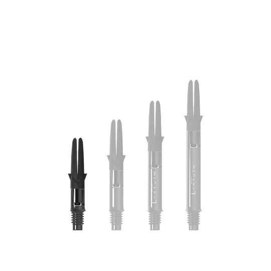 Dieses Bild zeigt ein schwarzes, gerades Dartshaft ohne Kappen. Das Produkt ist als L-Style L-Shaft Carbon Silent Straight bekannt.