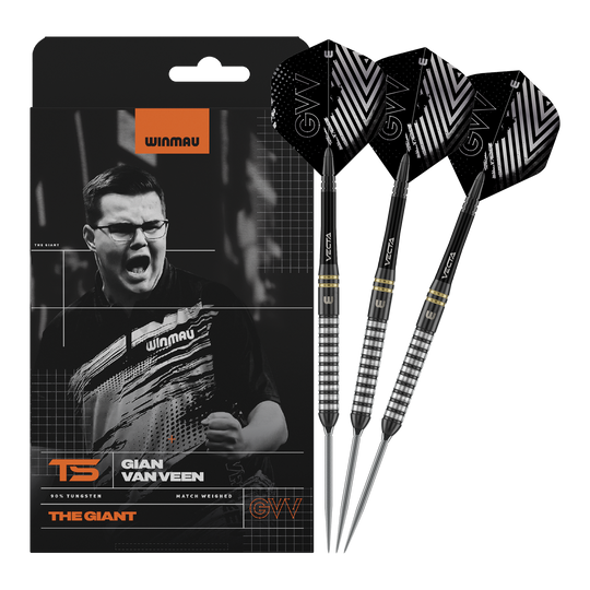 Ocelové šipky Winmau Gian Van Veen TS Switch Point Abgebildet ist Winmau Gian Van Veen TS Switch Point Steeldarts. Die Darts sind vollständig nebeneinander dargestellt.