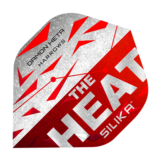 Lety Harrow's Silika Damon Heta Series 3 Das Bild zeigt ein Dart-Flugblatt mit dem Namen "Harrows Silika Damon Heta Series 3 Flights". Es ist in den Farben Rot, Weiß und Silber gestaltet und trägt die Aufschrift "THE HEAT SILIKA" sowie "DAMON HETA HARROWS".