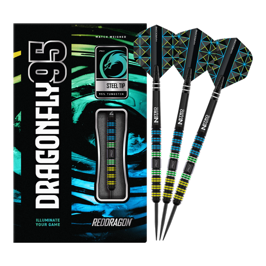 Das Bild zeigt eine Packung und drei Steeldarts des Produkts "Red Dragon Dragonfly 95 Black Parallel Steeldarts". Die Darts haben bunte Rillen am Schaft und moderne Flights mit geometrischem Muster.