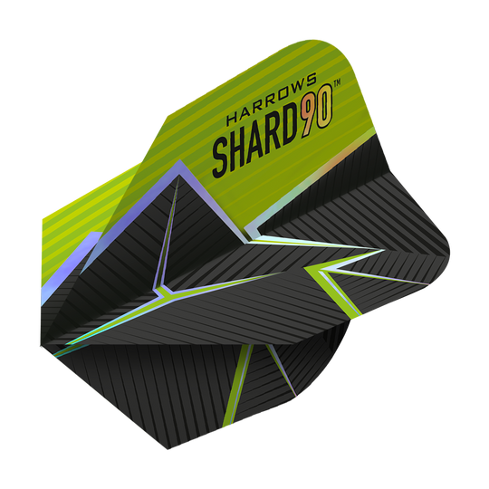 Lety Harrows Prime Shard č. 6 Das Bild zeigt das Produkt "Harrows Prime Shard No6 Flights". Die Flights haben ein modernes Design in Schwarz mit grünen und gelben Akzenten sowie geometrischen Mustern.