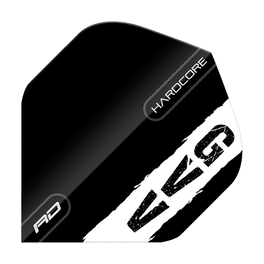 Standardní letky Red Dragon Hardcore Gian Van Veen s černým logem Das Bild zeigt ein schwarzes Dart-Flight mit weißen und grauen Akzenten. Auf dem Flight stehen die Wörter "HARDCORE", "RD" und die Buchstaben "GVG".