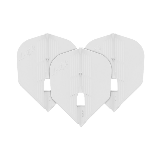 L-Style KAMI L3KPRO Flights Auf dem Bild sind drei weiße Dartflights der Marke L-Style zu sehen. Sie sind nebeneinander angeordnet und haben eine standardisierte Form.