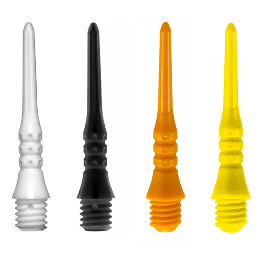 109200ff59c25677263da Das Bild zeigt vier verschiedene Dartspitzen in den Farben Weiß, Schwarz, Orange und Gelb. Es handelt sich um das Produkt "Target Pixel Tip (50er Pack) - Spitzen".