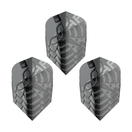 Letky Target Pro Ultra Volar Ten-X - 3 sady Das Bild zeigt drei Sets der Target Pro Ultra Volar Ten-X Flights. Die Flights haben ein auffälliges, schwarz-graues Design mit einem Insektenmotiv.
