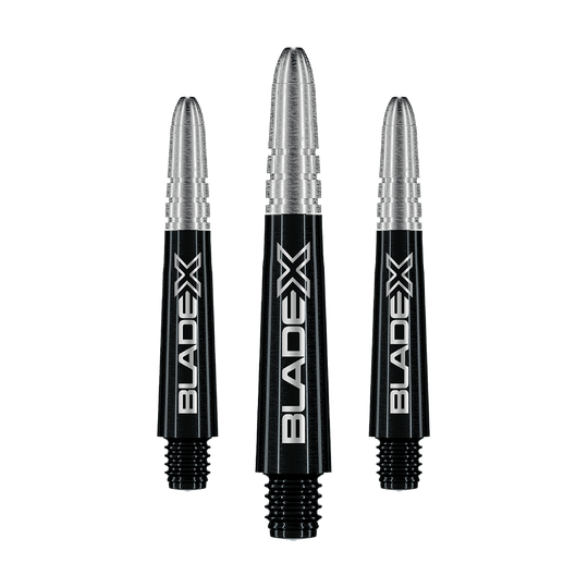 Gezeigt wird ein Set schwarzer Dartshafts mit der Bezeichnung Winmau Vecta Blade X, 34 mm. Das Set ist für Dartspieler geeignet.