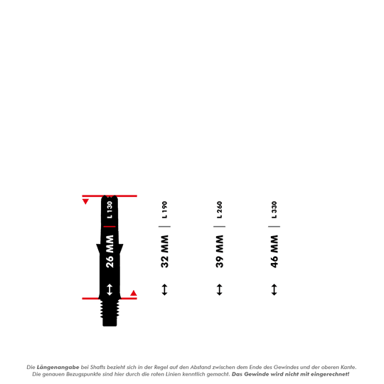 Tiché rovné hřídele ve stylu L, černé Das Bild zeigt verschiedene Längen von L-Style L-Shafts ohne Kappen, beginnend bei 26 mm. Die Längenangaben beziehen sich auf den Abstand zwischen dem Gewindeende und der oberen Kante, das Gewinde selbst wird nicht mitgerechnet.