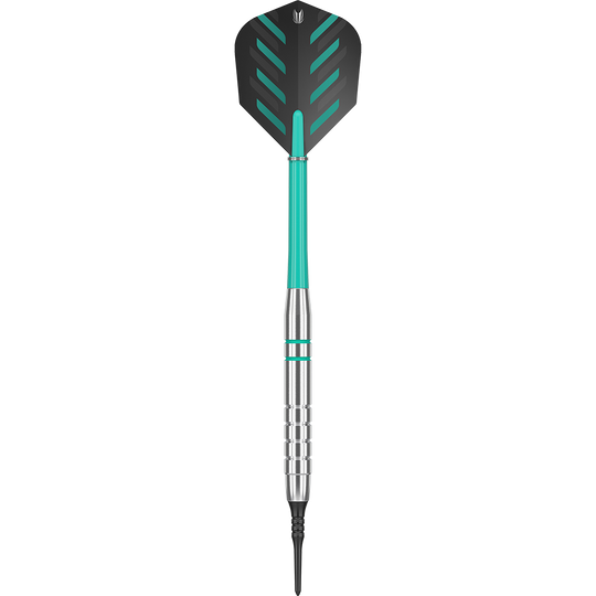 100550_Target_Rob_Cross_Silver_Voltage_Softdarts_1HKmViLZqwgvIe Dies ist ein Target Rob Cross Silver Voltage Softdart mit einem Gewicht von 18g. Der Dart hat eine silberne Spitze, einen türkisfarbenen Schaft und schwarze Flights mit grünen Akzenten.