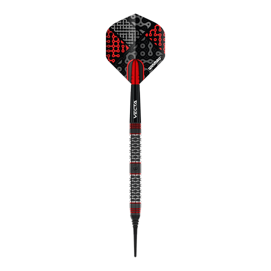 Šipky Winmau Cypher Softdarts - 20g Das Bild zeigt einen Winmau Cypher Softdart mit einem Gewicht von 20 Gramm. Der Dart hat ein modernes Design in Schwarz, Rot und Silber.