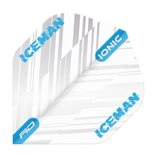 Das Bild zeigt ein weißes Dart-Flight mit blauen Streifen und Schriftzügen. Auf dem Flight stehen die Wörter "ICEMAN", "IONIC" und "RD" in blauer Farbe.