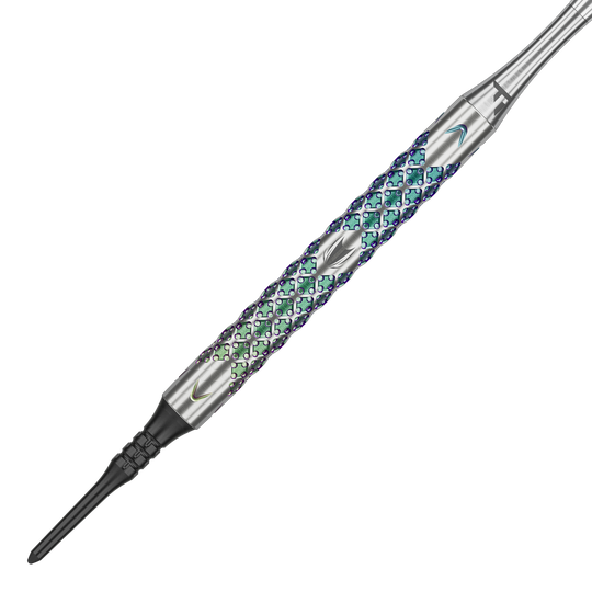 Target Rove 10 měkkých šipek Das Bild zeigt einen Target Rove 10 Softdart mit einem metallischen, bunt schimmernden Griff. Das Design weist eine strukturierte Oberfläche mit feinen Mustern auf.