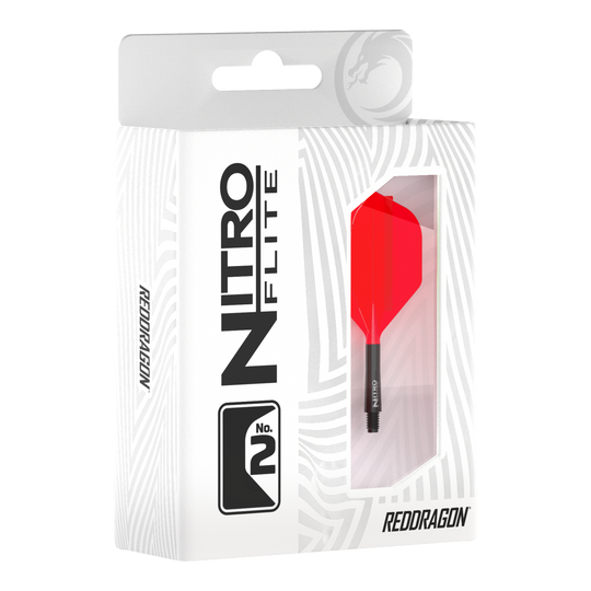 Das Bild zeigt die Red Dragon Nitro Flite - Black Shaft Red No2 Flights. Es handelt sich um rote und schwarze Dart-Flights mit einem schwarzen Schaft.