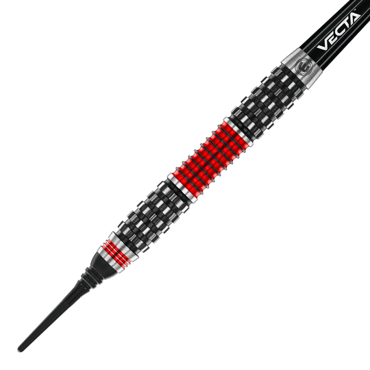 Šipky Winmau Joe Cullen Rockstar Series RS1 měkké - 20g Dies ist ein Softdart aus der Winmau Joe Cullen Rockstar Series RS1 mit einem Gewicht von 20g. Der Dart hat ein auffälliges Design mit schwarzen, silbernen und roten Ringen am Barrel.