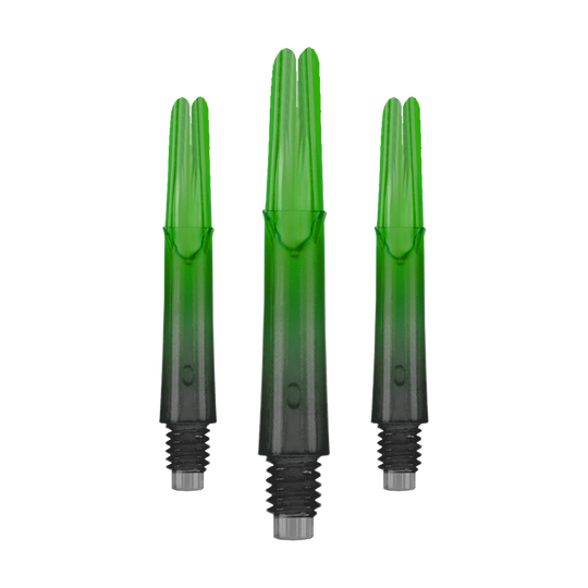 Das Bild zeigt drei grüne, transparente Dartschäfte mit Gewinde am unteren Ende. Die Schäfte sind gerade und haben einen leichten Farbverlauf von grün zu schwarz.