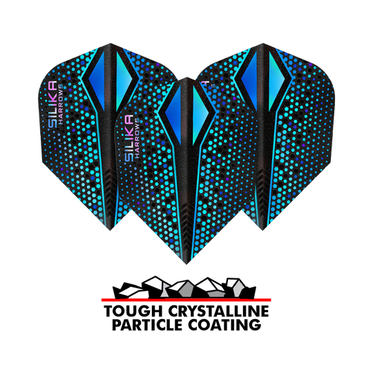 Das Bild zeigt drei blaue Harrows Silika Colourshift Tough Crystalline Coating Blue-X No6 Flights. Darunter steht der Schriftzug "Tough Crystalline Particle Coating" mit einer Grafik von Kristallteilchen.