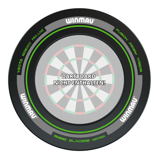 Dies ist das Winmau Advance Dartboard Surround in Schwarz und Grün. In der Mitte steht: "Dartboard nicht enthalten!"