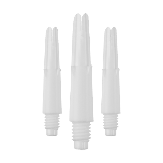 L-L-Style-Shafts Uzamčené rovné - Bílé Das Bild zeigt drei gerade, weiße Dartschäfte mit Gewinde. Sie sind ohne Kappen und in unterschiedlichen Längen angeordnet.