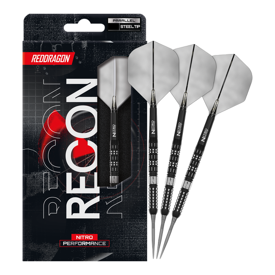 Auf diesem Bild erkennt man die Red Dragon Recon Parallel Steeldarts in voller Länge. Diese Darts sind für eine gleichmäßige Wurfbalance bekannt.