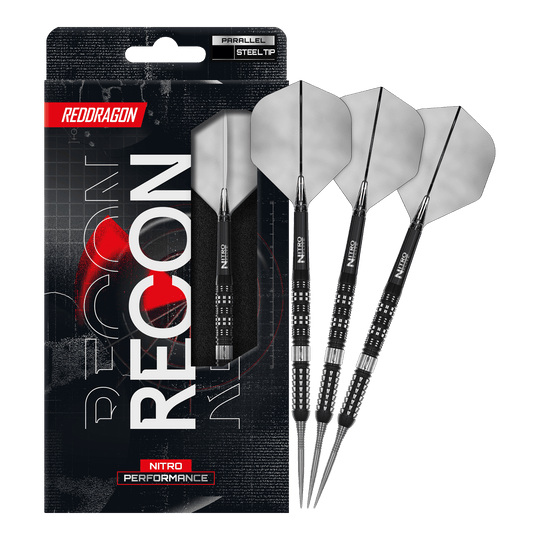 Red Dragon Recon Parallel Steeldarts Auf diesem Bild erkennt man die Red Dragon Recon Parallel Steeldarts in voller Länge. Diese Darts sind für eine gleichmäßige Wurfbalance bekannt.