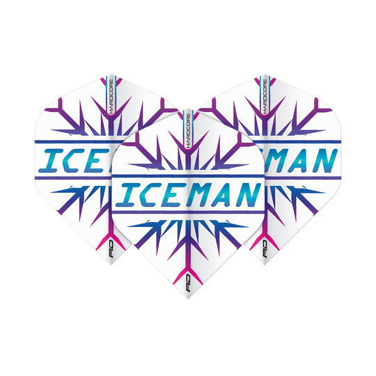 TF6827_Red_Dragon_Hardcore_Gerwyn_Price_Rainbow_Snowflake_Standard_Flights_1BcQU8PL8cdEGo Das Bild zeigt drei Dartflights mit einem weißen Hintergrund und lilafarbenen Schneeflockenmustern. In der Mitte steht in blauen Buchstaben das Wort „ICEMAN“.