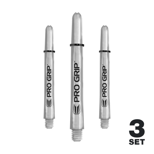 Target Pro Grip Shafts - 3 sady - Transparentní Das Bild zeigt drei transparente "Pro Grip" Shafts für Dartpfeile. In der rechten unteren Ecke steht "3 Set".
