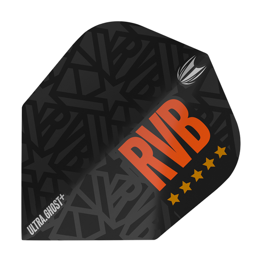 TG62_334020_Target_Ultra-Ghost_RvB_GEN2_Ten-X_Flights_1 Das Bild zeigt das Produkt "Target Ultra Ghost RvB GEN2 Ten-X Flights". Es ist ein schwarzes Dart-Flight mit dem großen orangefarbenen Schriftzug "RVB" und fünf gelben Sternen.