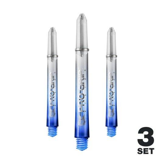 Das Bild zeigt drei blaue "Pro Grip Vision" Shafts für Darts. In der rechten unteren Ecke steht "3 Set".