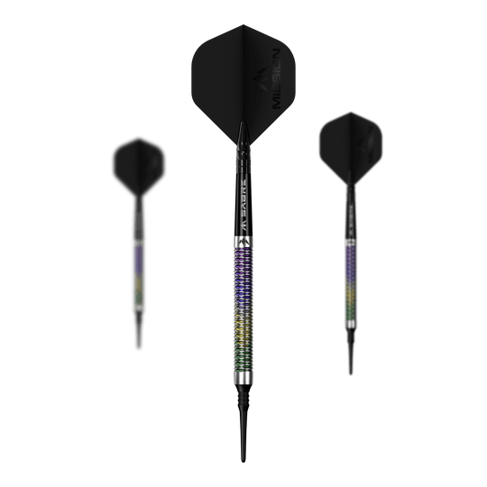 Mission Kaleidos Softdarts - 19g wird als Set auf dem Bild präsentiert. Mehrere Softdarts sind nebeneinander angeordnet.
