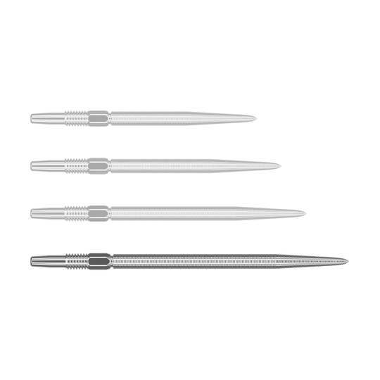 Targetové hroty Swiss Point Nano Dart - Stříbrné Auf dem Bild sind vier silberne Dartspitzen in einer Reihe zu sehen. Sie sind spitz zulaufend und haben eine feine Riffelung am oberen Ende.
