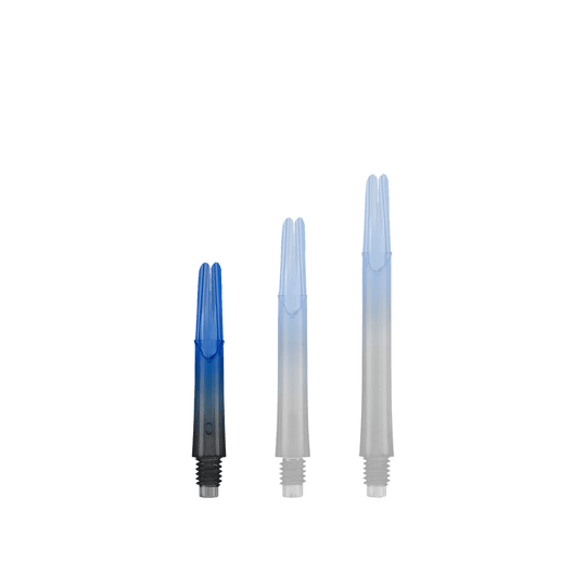 Dvoubarevné shafty L-Style s uzamčeným rovným shaftem Natural9 - modré Das Bild zeigt drei unterschiedlich lange Dartschäfte in Blau und Schwarz. Sie stehen nebeneinander und haben ein gerades Design ohne Kappen.