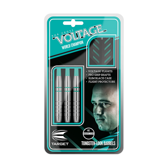 100550_Target_Rob_Cross_Silver_Voltage_Softdarts_3_-4_Plastikbox Das Bild zeigt die Verpackung der "Target Rob Cross Silver Voltage Softdarts - 18g". In der Verpackung sind drei silberne Softdarts mit Zubehör wie Flights und Schäften zu sehen.