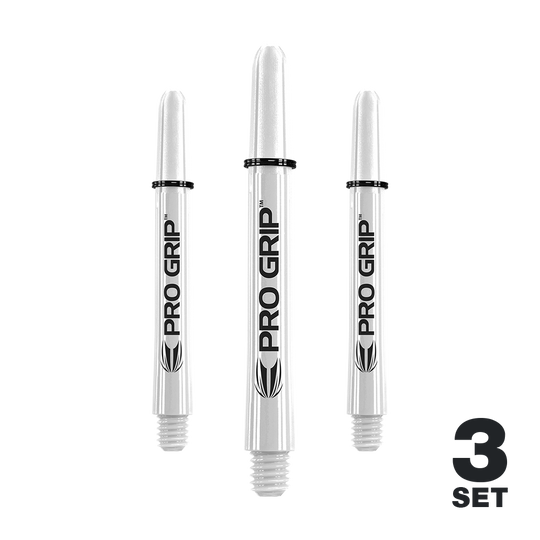 Target Pro Grip Shafts – 3 sady – White Das Bild zeigt drei weiße Pro Grip Shafts für Darts. Unten rechts steht "3 SET", was auf ein Set mit drei Stück hinweist.
