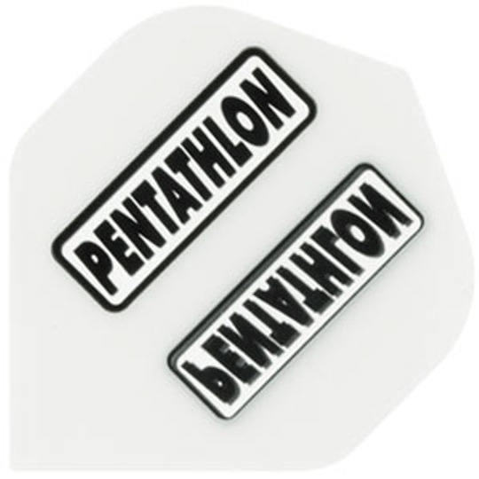 p13 Das Bild zeigt ein Dartflight mit der Aufschrift "PENTATHLON" in schwarzen Buchstaben auf weißem Hintergrund. Das Wort erscheint zweimal, jeweils in einem schwarzen Rahmen.