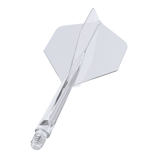 Unicorn Forge All In One Plus No2 Standard Flights čiré - střední Das Bild zeigt einen klaren, mittelgroßen Dartaufsatz des Modells "Unicorn Forge All In One Plus No2 Standard Flights". Die Flight- und Schaftteile sind transparent und bilden ein einteiliges Design.