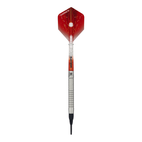 Šipky Unicorn Core XL Striker Style 1 Soft - 19g Auf dem Bild ist ein Softdart der Marke Unicorn Core XL Striker Style 1 mit einem Gewicht von 19g zu sehen. Die Flights sind rot mit einem weißen Muster, und der Schaft ist silbern.