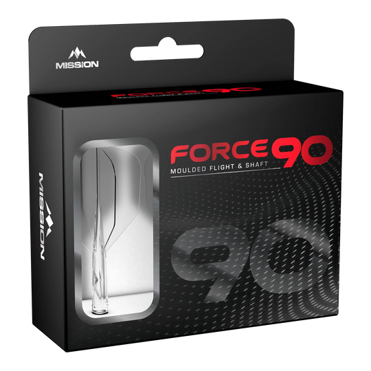 Die Abbildung zeigt die Verpackung des Produkts „Mission Force 90 No6 Flight-Shaft-System - Clear“. In der schwarzen Box mit Sichtfenster ist das transparente Flight-Shaft-System zu erkennen.
